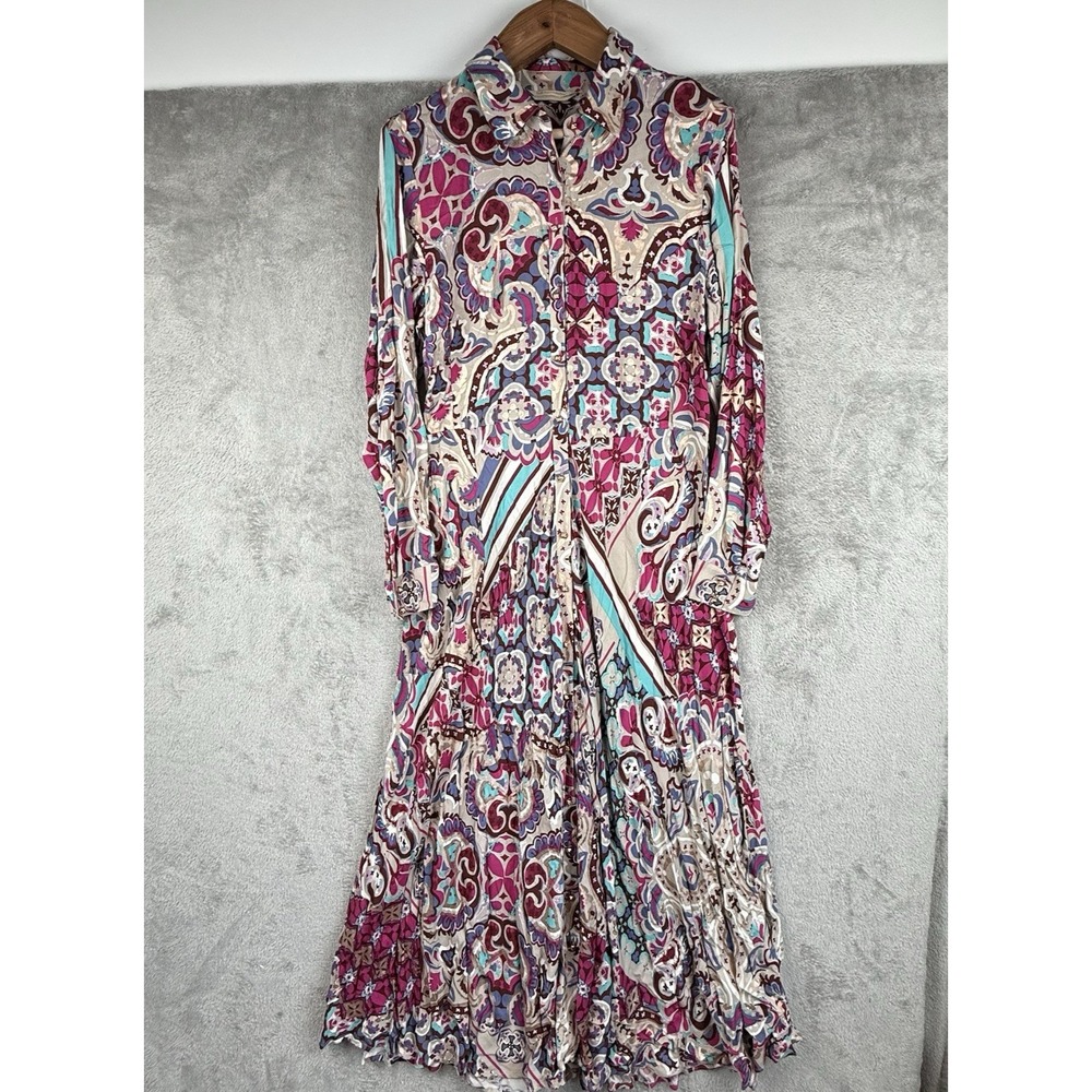 Soft Surroundings Palermo‎ Soho Maxi Dress Womens L Paisley Boho Long Shirtdress
